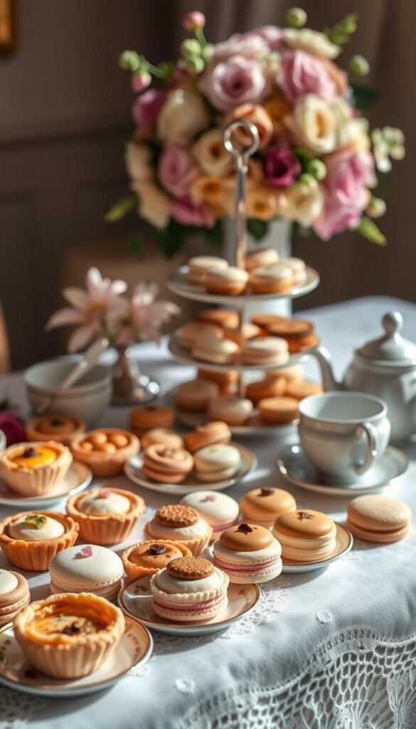 A delicate arrangement of gluten-free tea party snacks rests on a lace-draped table, bathed in soft, natural lighting. In the foreground, an assortment of mini quiches, savory palmiers, and bite-sized cucumber sandwiches sit alongside elegant macarons and fluffy scones. The middle ground features a tiered stand holding an array of gluten-free cookies and petit fours, complemented by a teapot and delicate china cups. In the background, a lush floral centerpiece adds a touch of elegance, creating a serene and inviting atmosphere for an afternoon tea gathering.
