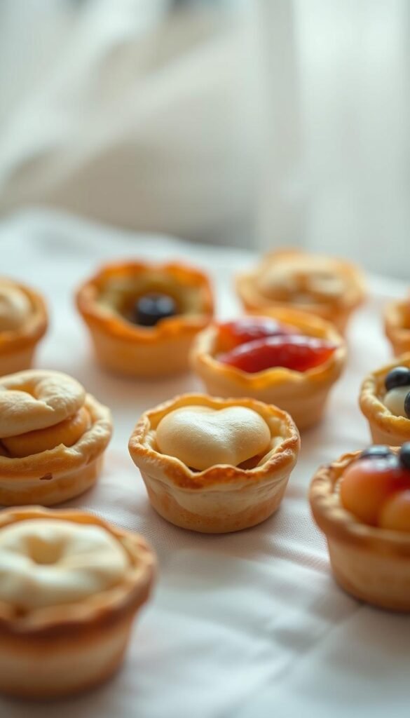 A delicate arrangement of miniature pastries, delicately crafted with intricate details. A variety of flaky, buttery crusts encase sweet fillings, like bite-sized fruit tarts, delicate cream puffs, and bite-sized quiches. The pastries are presented on a crisp, white linen cloth, with a soft, even lighting from above, creating a warm, inviting ambiance. The focus is on the delicate textures and colors of the pastries, with a shallow depth of field to emphasize their miniature scale. The overall mood is one of elegance and refinement, perfect for an intimate tea party setting.