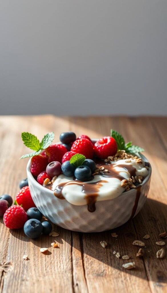 A delicate arrangement of simple, plant-based ingredients sits atop a rustic wooden table, bathed in soft, natural lighting. In the foreground, a mix of ripe berries, fresh mint leaves, and a drizzle of rich, dark chocolate take center stage. In the middle ground, a handful of rolled oats, a sprinkle of toasted nuts, and a dollop of creamy, dairy-free yogurt create a harmonious blend of textures and flavors. The background features a simple, minimal setting, allowing the vibrant colors and pure, wholesome elements to shine. This evocative scene captures the essence of vegan desserts crafted with uncomplicated, nourishing ingredients.