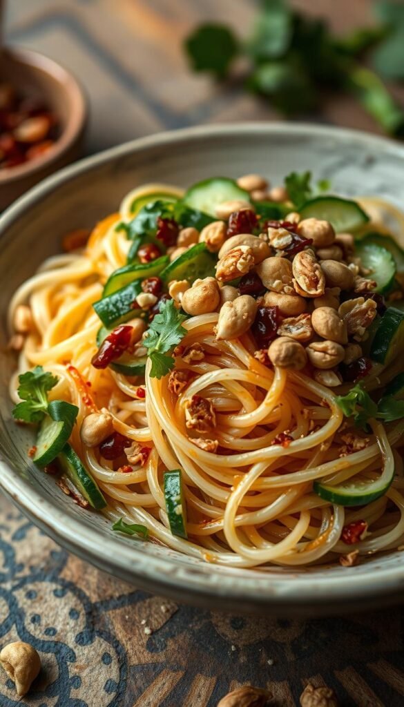 A delicate arrangement of vibrant Sichuan shirataki noodles, tossed with crisp cucumber slices, the bold flavors of Sichuan peppercorns, and a drizzle of aromatic chili oil. Garnished with a scattering of roasted peanuts, this nourishing salad exudes a captivating blend of textures and tastes. Lit by a soft, natural illumination, the composition showcases the dish's striking visual appeal, inviting the viewer to savor its refreshing and invigorating essence. Captured at a slight angle, the image conveys a sense of rustic elegance, perfectly suited to adorn the pages of a garden wedding feature.