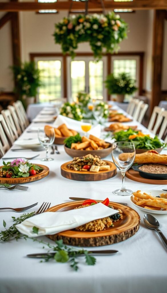 A delicate white linen tablecloth sets the stage for a naturally gluten-free wedding menu. In the foreground, an elegant place setting features a rustic wood charger, crisp white china, and gleaming silverware. Scattered across the table are fresh herbs, vibrant edible flowers, and an array of tempting gluten-free dishes - from a hearty quinoa salad to delicate roasted vegetables, all artfully presented. The middle ground showcases a selection of gluten-free breads, including crusty sourdough and flaky breadsticks, alongside a vibrant green salad and a decadent chocolate torte. In the background, the soft natural light filters through tall windows, creating a warm, inviting ambiance. This scene exudes a sense of rustic elegance, perfectly capturing the essence of a celiac-friendly wedding reception.