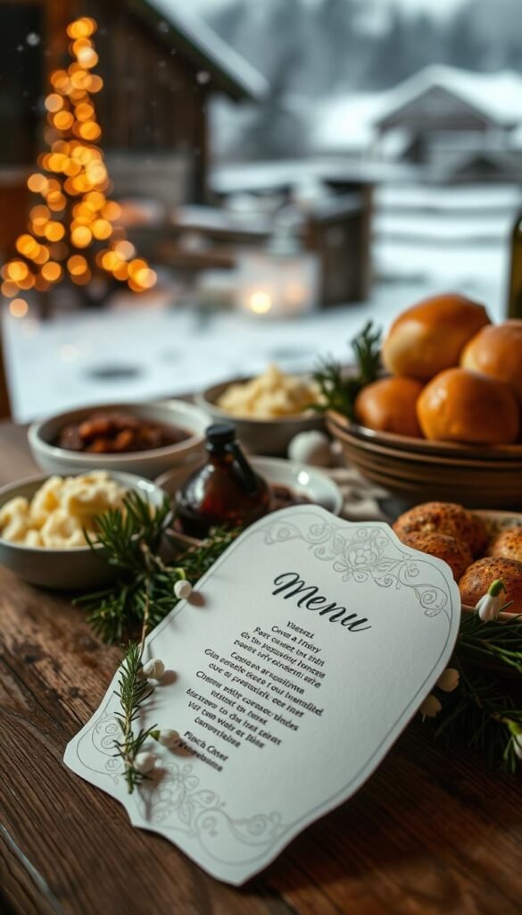 A delicate winter wedding menu, artfully presented on a rustic wooden table. In the foreground, a hand-calligraphed menu card with intricate floral details, nestled among sprigs of evergreen and delicate snowdrops. The middle ground features an array of warm, comforting dishes - hearty beef stew, creamy mashed potatoes, and buttery dinner rolls. In the background, a softly lit scene of a snowy country landscape, with gentle snowfall drifting through the air, creating a cozy, intimate atmosphere. The lighting is soft and warm, lending a welcoming glow to the scene. The overall mood is one of elegance, comfort, and the enchantment of a winter wonderland. A delicate winter wedding menu, artfully presented on a rustic wooden table. In the foreground, a hand-calligraphed menu card with intricate floral details, nestled among sprigs of evergreen and delicate snowdrops. The middle ground features an array of warm, comforting dishes - hearty beef stew, creamy mashed potatoes, and buttery dinner rolls. In the background, a softly lit scene of a snowy country landscape, with gentle snowfall drifting through the air, creating a cozy, intimate atmosphere. The lighting is soft and warm, lending a welcoming glow to the scene. The overall mood is one of elegance, comfort, and the enchantment of a winter wonderland.