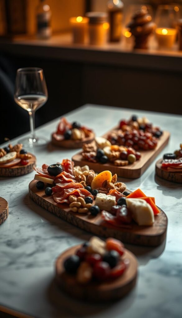 A delightful arrangement of bite-sized charcuterie boards, each showcasing an artful selection of cured meats, artisanal cheeses, olives, nuts, and dried fruits. The boards are set against a backdrop of a sleek, minimalist table, bathed in warm, soft lighting that creates a cozy, intimate ambiance. The composition is balanced and visually appealing, with the individual servings neatly presented in a manner that invites guests to indulge in a sophisticated and indulgent hors d'oeuvre experience. The overall mood is one of refined elegance, perfectly suited to an unforgettable cocktail party.