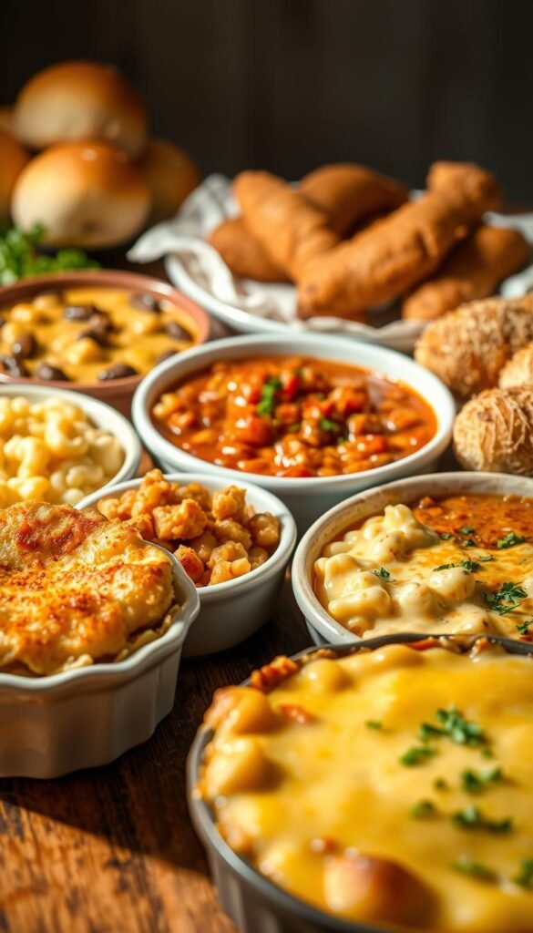 A delightful array of comfort food favorites, reimagined for special diets. In the foreground, a fluffy gluten-free shepherd's pie, its golden-brown crust beckoning. Alongside, a creamy dairy-free mac and cheese, the cheese sauce silky-smooth. In the middle ground, a hearty vegan chili, its rich, savory aroma wafting. In the background, a platter of tender, juicy chicken tenders, breaded with a crunchy almond-flour coating. Soft, warm dinner rolls, free of common allergens, complete the comforting tableau. Illuminated by soft, natural lighting, the scene evokes a cozy, welcoming atmosphere, perfect for enjoying elevated, nourishing takes on classic comfort foods. A delightful array of comfort food favorites, reimagined for special diets. In the foreground, a fluffy gluten-free shepherd's pie, its golden-brown crust beckoning. Alongside, a creamy dairy-free mac and cheese, the cheese sauce silky-smooth. In the middle ground, a hearty vegan chili, its rich, savory aroma wafting. In the background, a platter of tender, juicy chicken tenders, breaded with a crunchy almond-flour coating. Soft, warm dinner rolls, free of common allergens, complete the comforting tableau. Illuminated by soft, natural lighting, the scene evokes a cozy, welcoming atmosphere, perfect for enjoying elevated, nourishing takes on classic comfort foods.