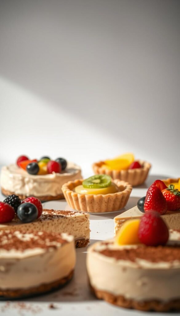 A delightful array of creamy vegan cheesecakes and tarts, captured in a soft, dreamy lighting. In the foreground, smooth, silky slices of cashew-based cheesecake, adorned with fresh berries and a dusting of cocoa powder. In the middle ground, flaky, golden-brown tart shells filled with lush, creamy custard and topped with sliced kiwi and mango. The background features a clean, minimalist setup, with a white backdrop and subtle shadows, allowing the decadent desserts to take center stage. The overall scene radiates an inviting, indulgent atmosphere, beckoning the viewer to savor each bite of these irresistible plant-based treats.