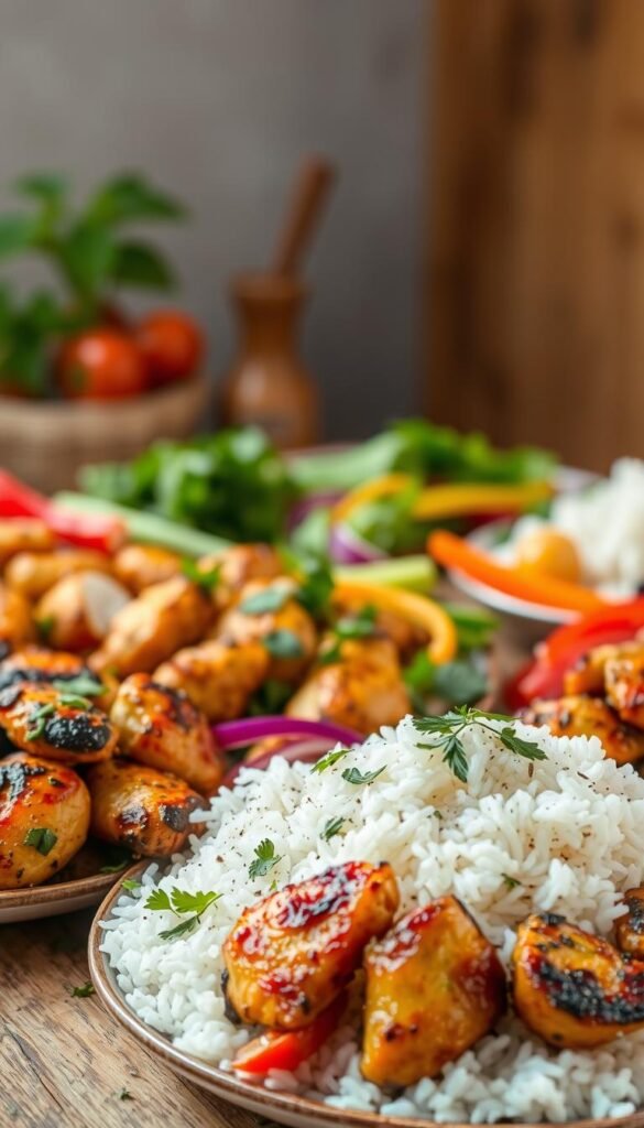 A delightful assortment of vegetarian chicken and rice dishes, captured in a vibrant, appetizing still life. In the foreground, an array of colorful plant-based chicken alternatives, seared to perfection and arranged alongside fragrant, fluffy white rice. In the midground, an assortment of fresh herbs, vibrant vegetables, and zesty seasonings, adding depth and complexity to the dishes. The background is softly blurred, allowing the hero ingredients to shine. The lighting is warm and natural, casting a gentle glow over the scene, evoking a sense of homemade comfort and nourishment. Captured at a high-resolution with a sharp focus, showcasing the delectable textures and mouthwatering details of these tasty, meat-free variations. A delightful assortment of vegetarian chicken and rice dishes, captured in a vibrant, appetizing still life. In the foreground, an array of colorful plant-based chicken alternatives, seared to perfection and arranged alongside fragrant, fluffy white rice. In the midground, an assortment of fresh herbs, vibrant vegetables, and zesty seasonings, adding depth and complexity to the dishes. The background is softly blurred, allowing the hero ingredients to shine. The lighting is warm and natural, casting a gentle glow over the scene, evoking a sense of homemade comfort and nourishment. Captured at a high-resolution with a sharp focus, showcasing the delectable textures and mouthwatering details of these tasty, meat-free variations.