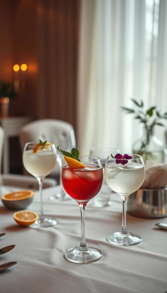 A elegantly styled tablescape featuring an array of sophisticated mocktails. In the foreground, delicate stemware with colorful garnishes like sliced citrus, sprigs of mint, and edible flowers. The drinks are set against a backdrop of neutral-toned linens, polished metallic accents, and tasteful tableware. Soft, diffused lighting from overhead casts a warm, inviting glow. The overall aesthetic conveys a sense of refined, grown-up hospitality - perfect for welcoming a discerning guests who may be abstaining from alcohol. A serene, tranquil atmosphere that elevates the mocktail experience.