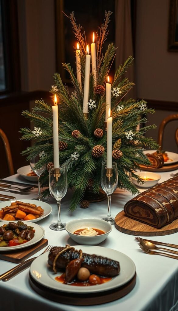 A festive winter tablescape with an elegant presentation of seasonal dishes. The centerpiece features a striking arrangement of evergreen boughs, pine cones, and delicate snowflake accents, illuminated by a soft, warm glow of candlelight. On the table, a selection of artfully plated dishes showcases the rich flavors of winter - perhaps a roasted root vegetable medley, a hearty beef stew, or a decadent chocolate yule log. The tableware has a refined yet cozy aesthetic, with touches of rustic charm like wooden boards and ceramic dishware. The overall mood is one of inviting sophistication, perfectly suited for a winter wedding celebration. A festive winter tablescape with an elegant presentation of seasonal dishes. The centerpiece features a striking arrangement of evergreen boughs, pine cones, and delicate snowflake accents, illuminated by a soft, warm glow of candlelight. On the table, a selection of artfully plated dishes showcases the rich flavors of winter - perhaps a roasted root vegetable medley, a hearty beef stew, or a decadent chocolate yule log. The tableware has a refined yet cozy aesthetic, with touches of rustic charm like wooden boards and ceramic dishware. The overall mood is one of inviting sophistication, perfectly suited for a winter wedding celebration.