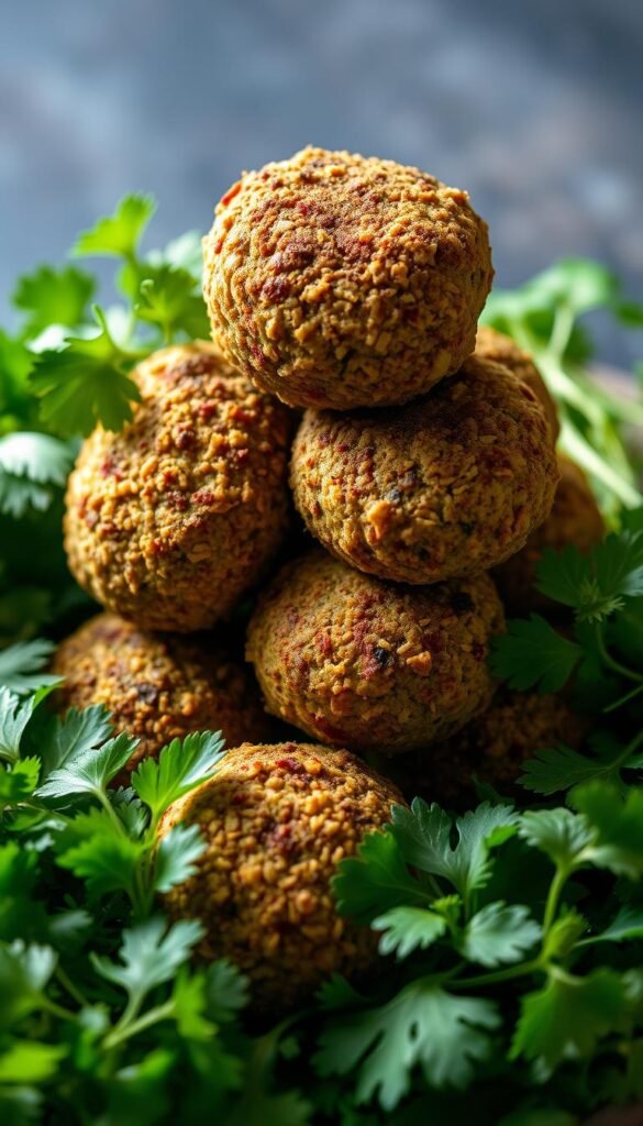 A fragrant arrangement of fresh herbs - lush green parsley, aromatic cilantro, and vibrant mint - artfully arranged around a stack of crispy, golden-brown falafel balls. The falafel are dusted with a blend of warm spices, their crunchy exteriors giving way to a soft, flavorful interior. The scene is bathed in soft, natural lighting, accentuating the mouthwatering texture and color of the dish. The composition is balanced, with the falafel taking center stage, surrounded by the vibrant greenery that complements their earthy flavors. An inviting and appetizing image that evokes the homemade, garden-fresh qualities of this herb-packed falafel recipe.