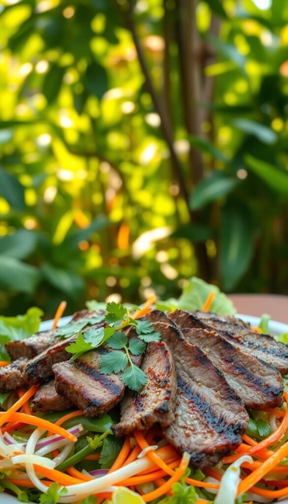 A fresh, vibrant Isan-style Thai sliced-steak salad set against a lush, verdant garden backdrop. In the foreground, tender slices of grilled beef lay atop a bed of crisp lettuce, cabbage, and aromatic herbs like cilantro, mint, and Thai basil. Colorful julienned carrots, shallots, and green beans add texture and visual interest. The dressing, a tangy blend of fish sauce, lime juice, and chili, glistens invitingly. Soft natural lighting filters through the surrounding foliage, casting a warm, golden glow over the scene. The overall mood is one of balance, freshness, and the vibrant flavors of Isan-style Thai cuisine. A perfect dish to be served at a stunning garden wedding.