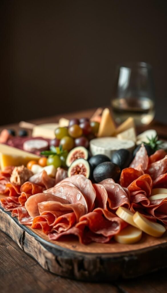 A freshly assembled charcuterie board, artfully arranged on a rustic wooden surface. In the foreground, an assortment of cured meats, including salami, prosciutto, and coppa, are neatly displayed. The middle ground features a variety of aged cheeses, such as gouda, brie, and blue cheese, accompanied by plump grapes, juicy figs, and crisp apple slices. The background is softly lit, creating a warm, inviting atmosphere, highlighting the natural textures and colors of the ingredients. The composition is balanced, with empty spaces allowing the individual elements to shine. This image conveys a sense of quality, care, and the desire to maintain the freshness of the charcuterie board throughout the cocktail party.