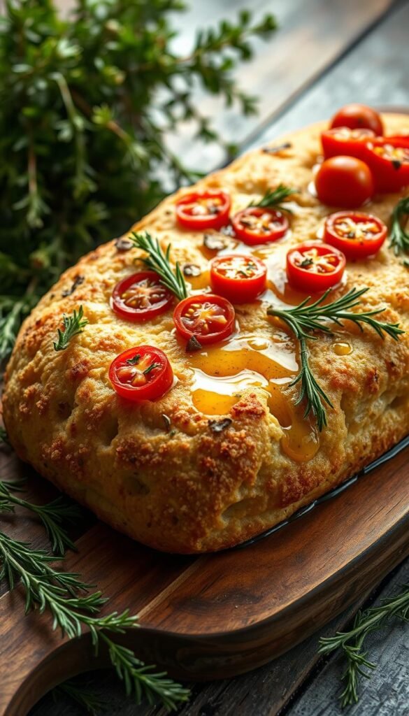 A freshly baked focaccia bread, golden-crusted and generously topped with vibrant cherry tomatoes, fragrant rosemary sprigs, and glistening olive oil. The bread is presented on a rustic wooden board, with a backdrop of lush, verdant herbs and a warm, soft lighting that accentuates the textures and colors. The composition captures the artisanal nature of the focaccia, showcasing its homemade charm and the chef's creative flair. The overall mood is one of warmth, comfort, and an appreciation for the art of baking.