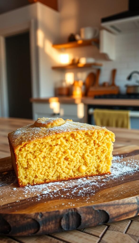 A freshly baked golden-brown cornbread, deliciously crumbly and moist, sits on a rustic wooden cutting board. The top is lightly dusted with flour, lending a homemade, artisanal touch. Warm rays of natural light filter in, casting a soft glow and highlighting the intricate texture of the cornbread's surface. In the background, a simple yet charming country-style kitchen with clean white walls and a few weathered wooden accents creates a cozy, inviting atmosphere. The overall scene evokes a sense of comfort, nostalgia, and the welcoming spirit of a Southern home.