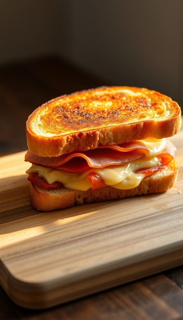 A freshly grilled ham and pimiento cheese sandwich sits on a wooden cutting board, its golden-brown toasted bread glistening with butter. The thin slices of smoked ham peek out from the melty pockets of creamy pimiento cheese, creating a mouthwatering contrast of savory and tangy flavors. Soft natural lighting casts a warm glow on the scene, highlighting the sandwich's inviting texture and evoking a cozy, comforting vibe. The composition is framed by a simple, rustic background, allowing the sandwich to take center stage and showcase its artisanal presentation.