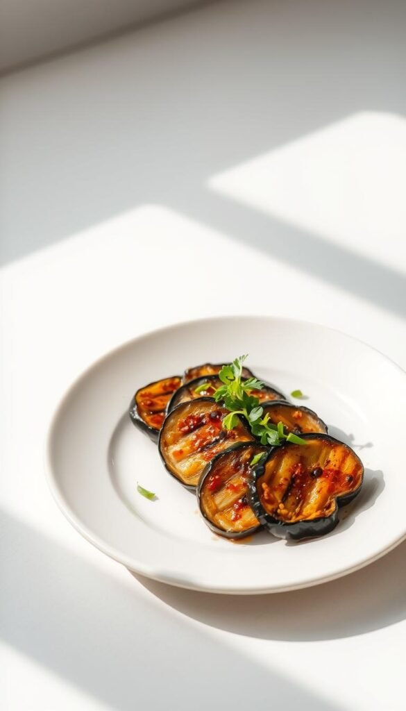 A freshly prepared miso glazed eggplant dish, neatly arranged on a minimalist white ceramic plate. The eggplant slices are glistening with a rich, caramelized miso glaze, radiating a warm, inviting aroma. The plate is set against a clean, light-filled backdrop, emphasizing the dish's simplicity and healthfulness. Delicate herbs, such as micro greens or thinly sliced scallions, add a vibrant pop of color and texture, complementing the earthy tones of the eggplant. Soft, natural lighting casts gentle shadows, accentuating the dish's elegant presentation. The overall composition conveys a sense of balance, artistry, and the inherent goodness of this Japanese-inspired, nutritious choice.
