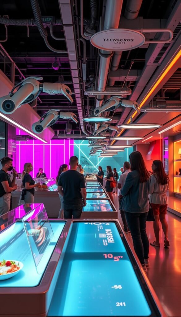 A futuristic food court with tech-enhanced interactive stations. Sleek counters with holographic menus, sensors that track customer preferences, and robotic arms assembling customized dishes. Vibrant neon lights in the background, casting a futuristic glow. Customers stand in awe, fascinated by the seamless integration of technology and culinary experiences. Clean, minimalist design with metallic accents and smooth surfaces. Overhead, a network of suspended robotic arms delicately plating and serving the freshly prepared meals. The atmosphere is one of innovation, efficiency, and a tantalizing peek into the future of dining.