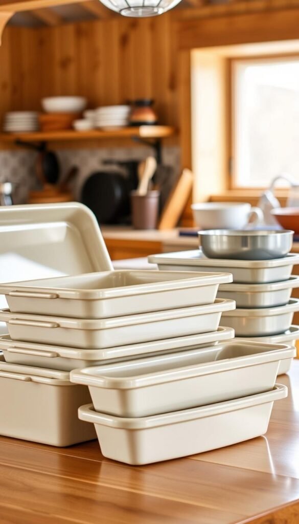 A gleaming set of nonstick, stackable bakeware in a warm, country-style kitchen. The foreground features a nested collection of ceramic-coated sheet pans, loaf tins, and round cake tins in a creamy off-white hue. Their smooth, easy-release surfaces reflect the soft, diffused lighting from overhead. In the middle ground, a few utensils and mixing bowls accent the scene, hinting at the versatility of this bakeware set. The background suggests the cozy ambiance of a well-equipped, rustic-chic cooking space, with wood-paneled walls and a subtly patterned tile backsplash. An inviting, homely atmosphere permeates the image, reflecting the set's practical yet stylish design.