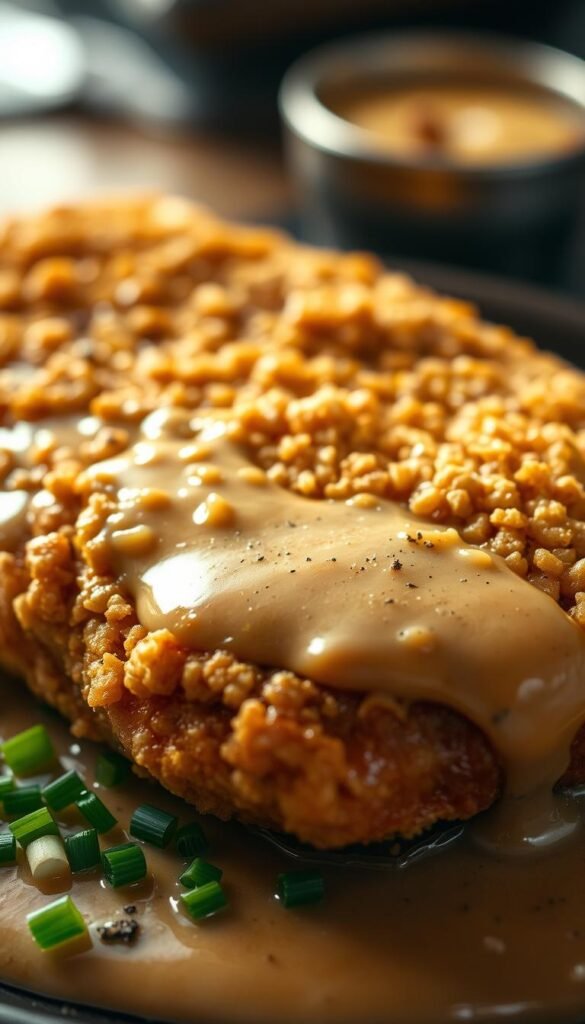 A golden-brown, crispy chicken-fried steak, freshly fried and glistening with a delicate panko crust, sitting atop a generous pool of rich, velvety country gravy. The steak is thickly sliced, tender and juicy, contrasting beautifully with the crunchy exterior. Framing the dish, a scattering of vibrant green chives and a sprinkle of cracked black pepper add a fresh, aromatic touch. The lighting is soft and warm, casting a cozy, inviting glow over the scene. The image is captured at a slightly elevated angle, showcasing the layered textures and components of this quintessential Southern comfort food.