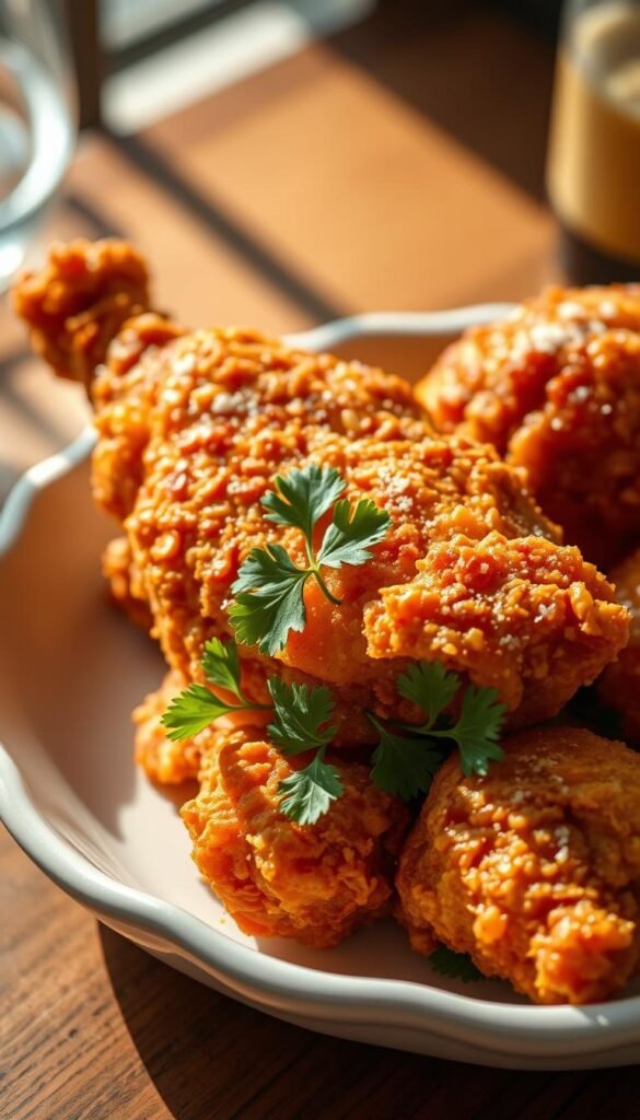 A golden-brown fried chicken, crispy and juicy, resting on a white ceramic plate. The chicken is garnished with fresh parsley and a sprinkle of coarse salt, creating a mouthwatering contrast of flavors and textures. The lighting is soft and natural, casting gentle shadows that accentuate the chicken's succulent appearance. The background is slightly blurred, creating a focus on the main dish, evoking a sense of classic Southern charm and comfort. The overall composition and styling suggest a homemade, rustic-chic presentation, perfect for a country-inspired reception.