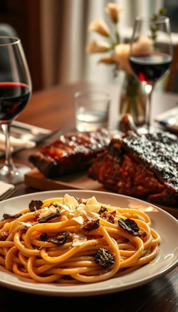 A gourmet feast of umami delights, bathed in warm, inviting light. In the foreground, a decadent truffle-infused pasta dish, swirled with silky cream and sprinkled with shaved parmesan. Beside it, a juicy, slow-cooked short rib, its tender meat glazed with a rich, caramelized soy-mirin sauce. In the background, a sophisticated table setting with polished cutlery, a glass of full-bodied red wine, and a minimalist floral centerpiece. The scene emanates an air of luxurious refinement, inviting the viewer to indulge in this elevated take on classic comfort food. A gourmet feast of umami delights, bathed in warm, inviting light. In the foreground, a decadent truffle-infused pasta dish, swirled with silky cream and sprinkled with shaved parmesan. Beside it, a juicy, slow-cooked short rib, its tender meat glazed with a rich, caramelized soy-mirin sauce. In the background, a sophisticated table setting with polished cutlery, a glass of full-bodied red wine, and a minimalist floral centerpiece. The scene emanates an air of luxurious refinement, inviting the viewer to indulge in this elevated take on classic comfort food.