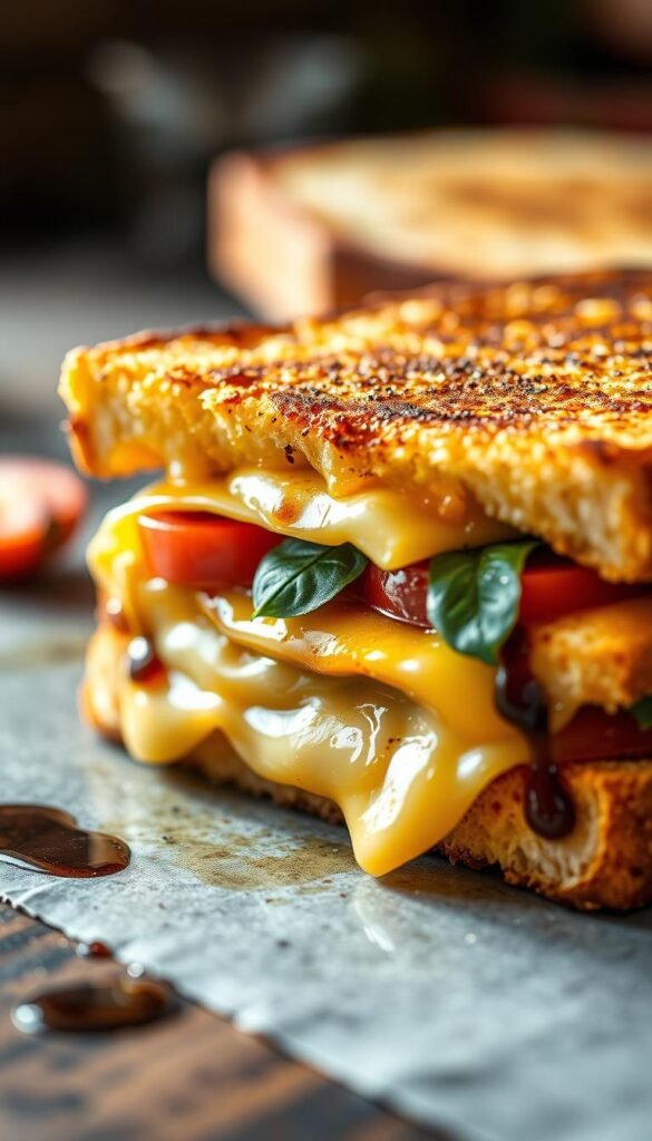 A gourmet grilled cheese sandwich with golden-brown, crispy sourdough bread, oozing with a blend of melted cheddar, Swiss, and parmesan cheeses. Nestled within the sandwich are thin slices of juicy tomato, fresh basil leaves, and a drizzle of balsamic reduction, creating a harmonious balance of flavors. The scene is illuminated by warm, natural lighting, casting a cozy and inviting glow. The camera is positioned at a slight angle, capturing the sandwich in an enticing close-up, showcasing the layers of ingredients and the tantalizing textures. The overall atmosphere evokes a sense of comfort and indulgence, perfectly reflecting the introduction to gourmet grilled cheese.