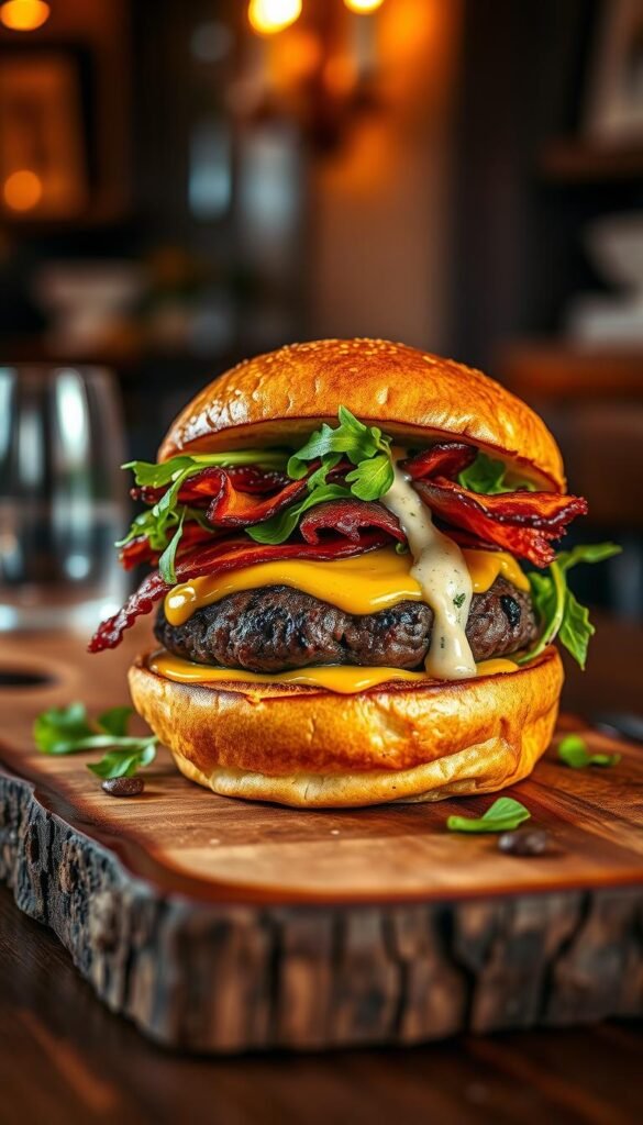 A gourmet truffle burger served on a rustic wooden board, featuring a brioche bun topped with a thick, juicy beef patty infused with earthy black truffles. The burger is adorned with melted Swiss cheese, crisp bacon, and a vibrant arugula salad, all drizzled with a decadent truffle aioli. The scene is bathed in warm, golden lighting, creating a luxurious and mouthwatering atmosphere. The camera angle is slightly elevated, capturing the burger in all its glory, while the background hints at a sophisticated dining setting with a touch of rustic charm.