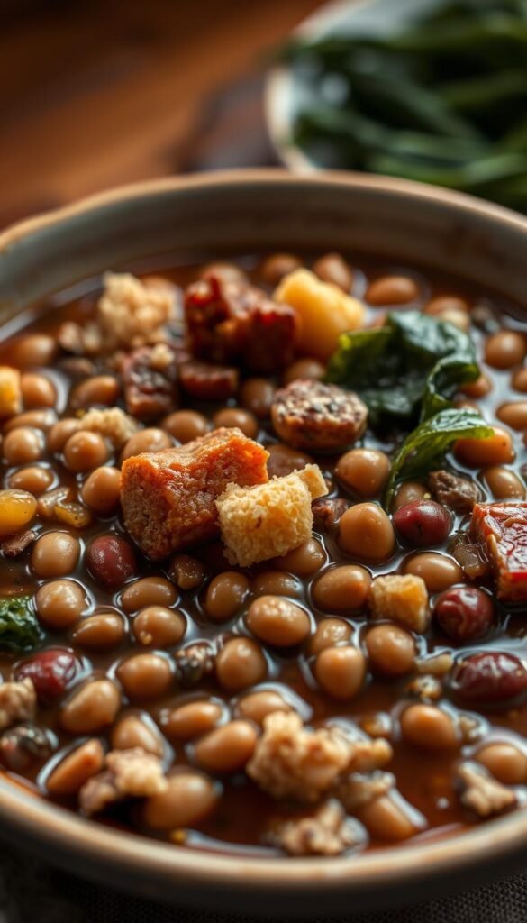 A hearty bowl of Hoppin' John, a classic Southern dish featuring tender black-eyed peas, savory ham or smoked sausage, and fragrant long-grain rice. The peas simmer with onions, garlic, and a splash of apple cider vinegar, creating a rich, flavorful broth. Vibrant green collard greens add a touch of freshness, while buttery corn bread crumbles add a comforting texture. The scene is lit by soft, warm light, creating a cozy, inviting atmosphere. The image is shot from an angle, showcasing the layered textures and colors of this quintessential Southern comfort food.