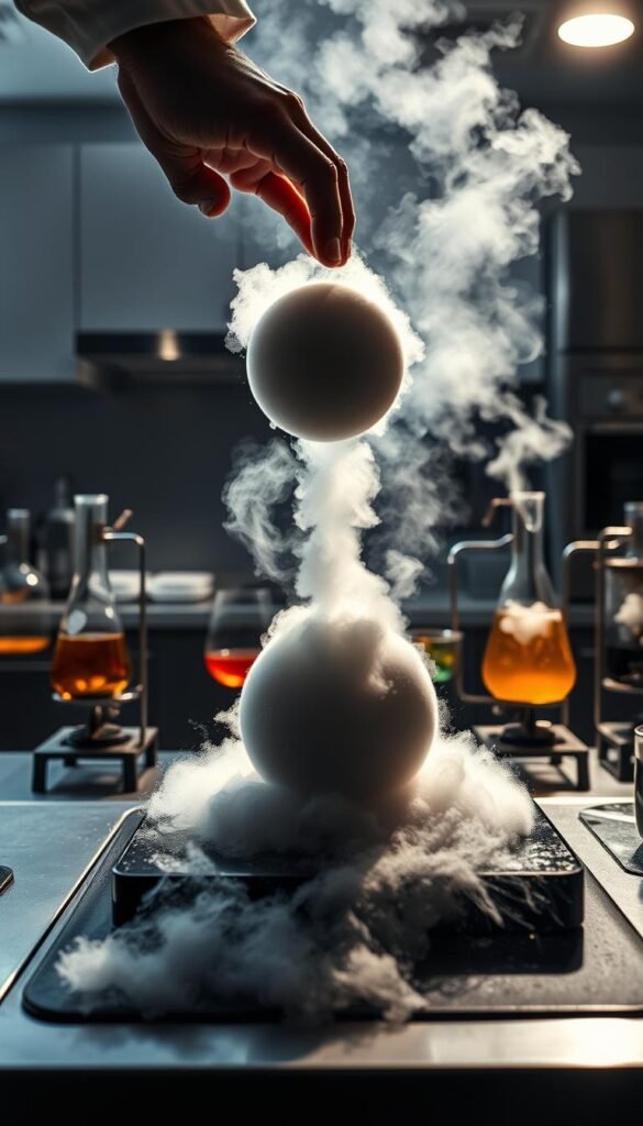 A high-contrast scene of cooking experiments showcasing the interplay of hot and cold. In the foreground, a chef's hand carefully places a sphere of liquid nitrogen onto a steaming hot plate, creating a dramatic plume of vapor. The middle ground features an array of scientific glassware filled with colorful liquids, bubbling and simmering over Bunsen burners. In the background, a sleek modern kitchen with stainless steel appliances and a minimalist aesthetic provides a crisp, clinical backdrop. Dramatic low-angle lighting casts long shadows, emphasizing the contrasts between the intense heat and freezing cold. The overall mood is one of scientific discovery and culinary innovation.