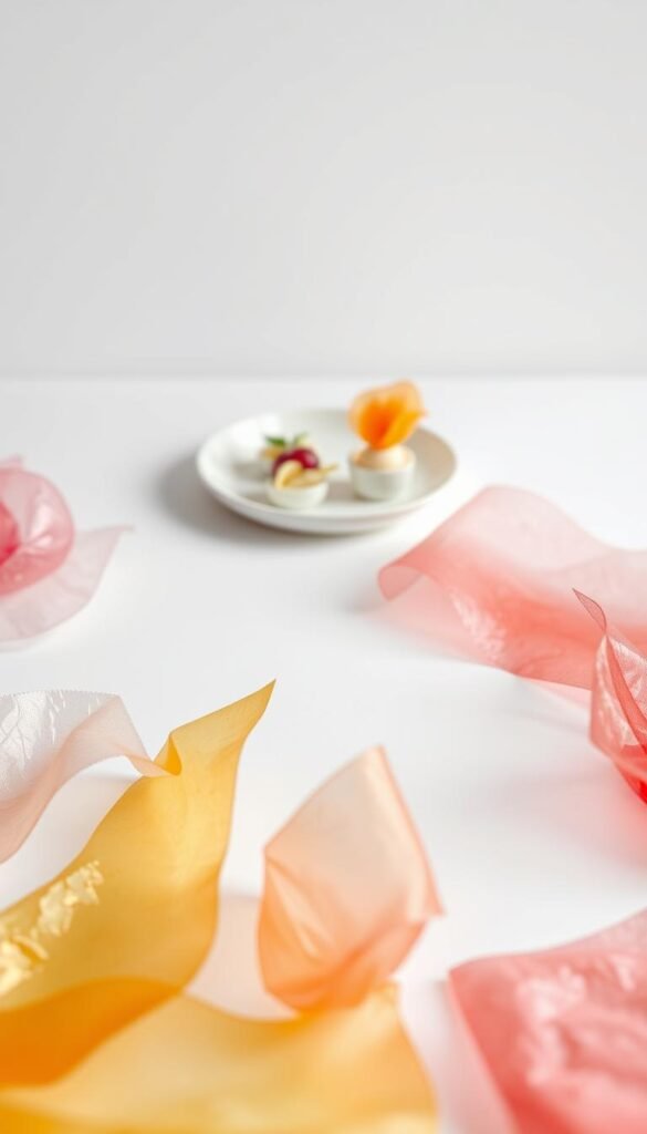 A high-quality, photorealistic image of an assortment of edible paper and films used in molecular gastronomy, showcased on a clean, minimalist white surface. The foreground features delicate, translucent sheets of edible paper in various colors and textures, such as vibrant fruit-flavored papers and iridescent, shimmering films. The middle ground displays small dishes or plates containing creative applications of these edible papers, like decorative garnishes, wrappers, or serving vessels. The background is clean and uncluttered, allowing the subject to take center stage and highlighting the beauty and innovation of these cutting-edge culinary materials.