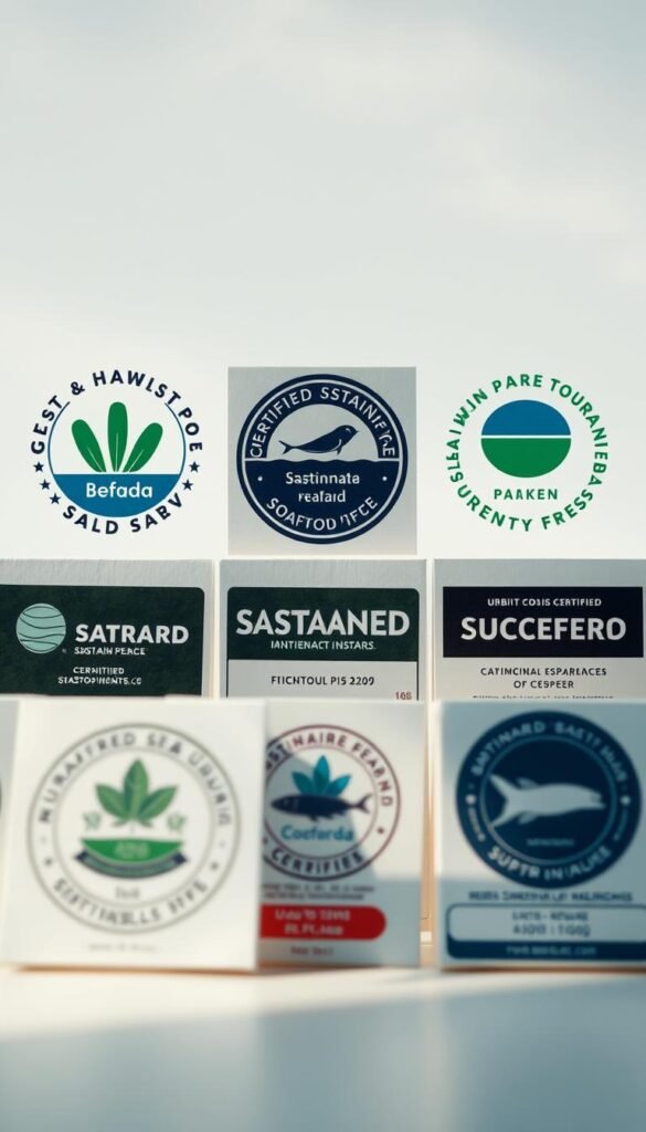 A high-quality, visually striking image of several certified sustainable seafood labels, displayed in a clean, minimalist arrangement against a bright, natural background. The labels should be depicted in vivid detail, showcasing their unique designs, logos, and certifications. The lighting should be soft and even, highlighting the textures and colors of the labels. The overall composition should have a balanced, symmetrical layout, with the labels artfully arranged to create a cohesive and visually appealing display. The mood should convey a sense of quality, transparency, and environmental responsibility, reflecting the principles of sustainable seafood consumption.