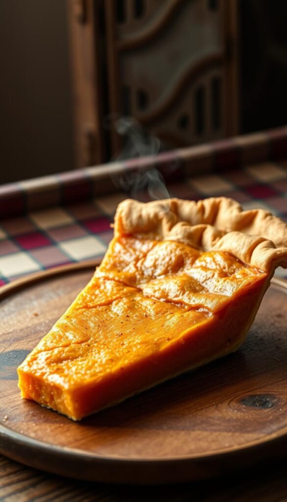 A homemade sweet potato pie, freshly baked and glistening, rests on a wooden table. The flaky golden crust reveals a smooth, orange-hued filling, speckled with aromatic spices. Wisps of steam rise from the just-cut slice, tempting the senses. Soft, natural lighting casts a warm glow, highlighting the pie's inviting texture and comforting aroma. In the background, a vintage-inspired plaid tablecloth and weathered wood accents create a rustic, Southern-inspired setting, evoking a sense of homey tradition. The overall scene emanates a cozy, nostalgic charm, perfectly capturing the essence of a classic, down-home sweet potato pie.