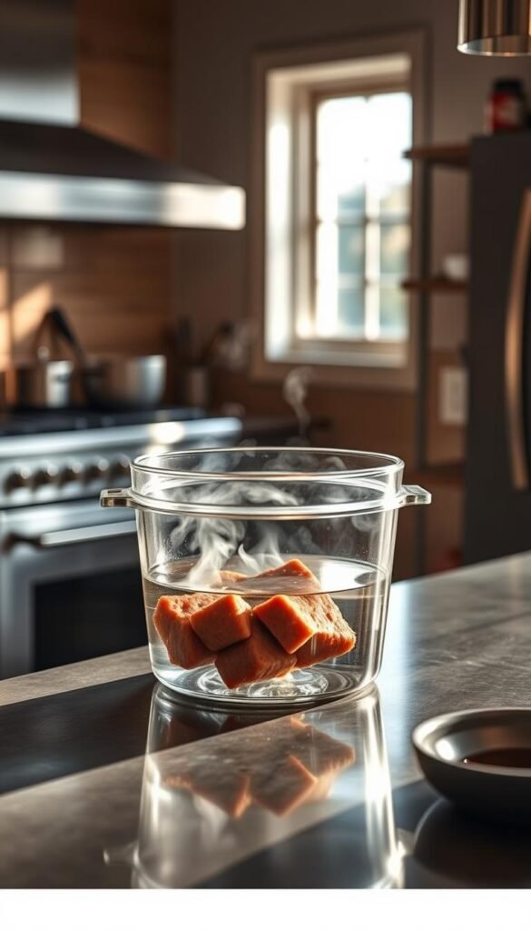A kitchen countertop bathed in warm, natural light, with a glass container showcasing the precision of sous vide cooking. Inside, tender meat or vegetables gently submerged in a temperature-controlled water bath, their flavors and textures coaxed to perfection. Stainless steel appliances and minimalist decor create a refined, modern ambiance, while the subtle steam rising from the container suggests the care and technique involved in this culinary method. The scene conveys a sense of controlled experimentation, where science and culinary artistry converge to elevate the dining experience.