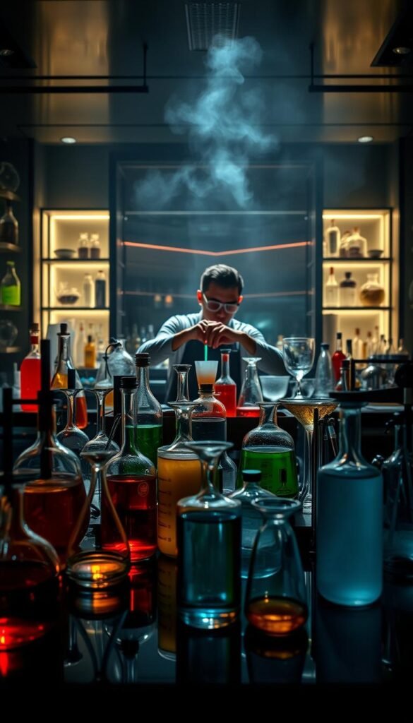 A laboratory-like setting with a dimly lit bar counter, showcasing an array of molecular mixology tools and ingredients. The foreground features various beakers, pipettes, and other scientific glassware filled with colorful liquids, creating a visually captivating display. The middle ground includes a bartender skillfully mixing and manipulating the liquids, surrounded by a hazy, atmospheric lighting that sets the mood for experimentation. The background depicts a sleek, modern bar environment with minimalist decor, allowing the focus to remain on the molecular cocktail wizardry unfolding in the center of the frame. Crisp, high-resolution details and a sense of depth and perspective are key to this image.