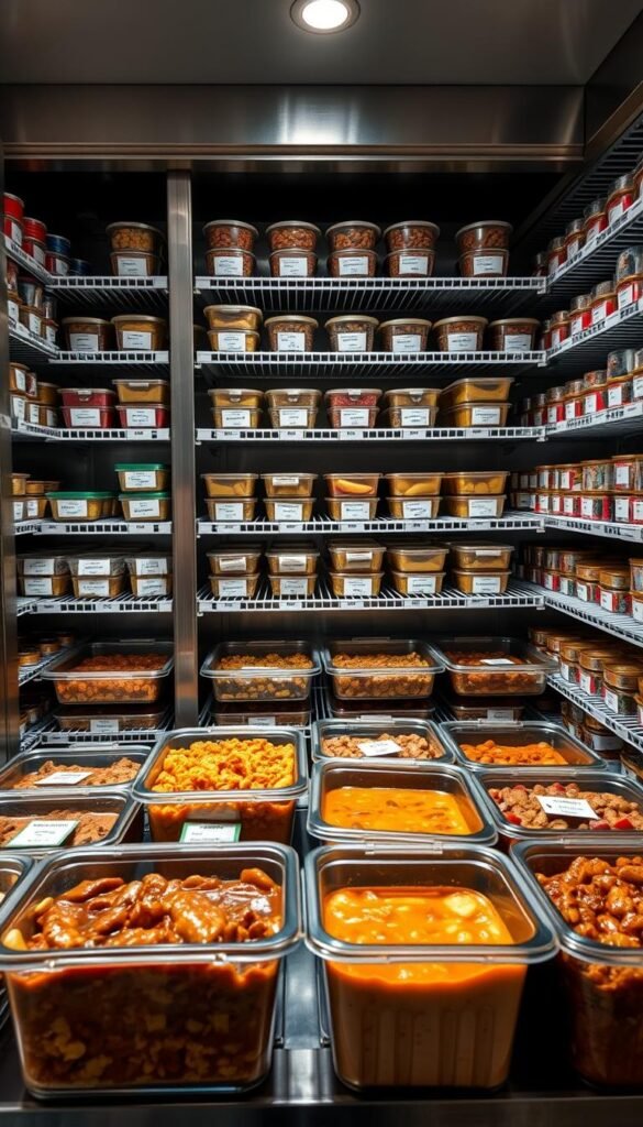 A large commercial-grade stainless steel freezer, its shelves stocked with neatly organized containers of various shapes and sizes, each labeled with the contents in a clean, minimalist font. The freezer is well-lit, creating a sense of order and efficiency. In the foreground, several clear plastic containers are open, revealing the hearty, homemade meals within - casseroles, soups, and stews meant to feed large groups. The overall scene conveys a feeling of preparedness and practicality, capturing the essence of "Freezer Meals for Large Groups".