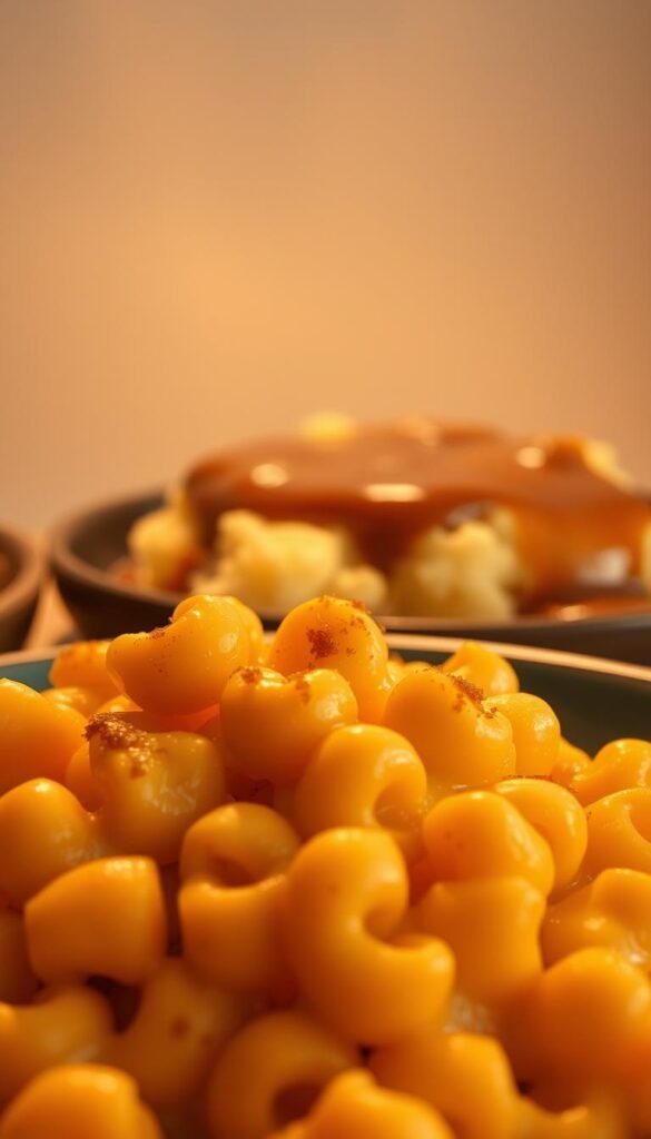 A large, steaming plate of creamy mac and cheese sits in the foreground, its golden-brown crust glistening under a soft, warm light. In the middle ground, a fluffy mound of mashed potatoes, seasoned to perfection, is drizzled with rich, velvety gravy. The background features a neutral, minimalist setting, allowing the comfort food to take center stage. The overall mood is one of cozy indulgence, inviting the viewer to savor every bite of this elevated take on classic comfort food. A large, steaming plate of creamy mac and cheese sits in the foreground, its golden-brown crust glistening under a soft, warm light. In the middle ground, a fluffy mound of mashed potatoes, seasoned to perfection, is drizzled with rich, velvety gravy. The background features a neutral, minimalist setting, allowing the comfort food to take center stage. The overall mood is one of cozy indulgence, inviting the viewer to savor every bite of this elevated take on classic comfort food.