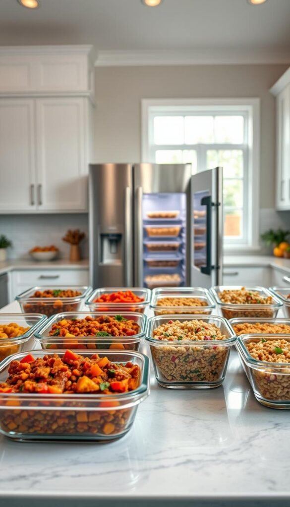 A large, well-lit kitchen counter with an assortment of vegetarian freezer meals neatly arranged. In the foreground, various glass containers filled with hearty lentil stew, vegetable curry, and quinoa-stuffed bell peppers. Soft, diffused lighting from overhead casts a warm glow, highlighting the vibrant colors and textures of the dishes. In the middle ground, a high-quality stainless steel freezer stands open, revealing more frozen meals ready to be stored. The background features a tidy, minimalist kitchen with clean, white cabinets and a large window letting in natural light. The overall scene conveys a sense of organization, healthy eating, and meal-prep convenience.