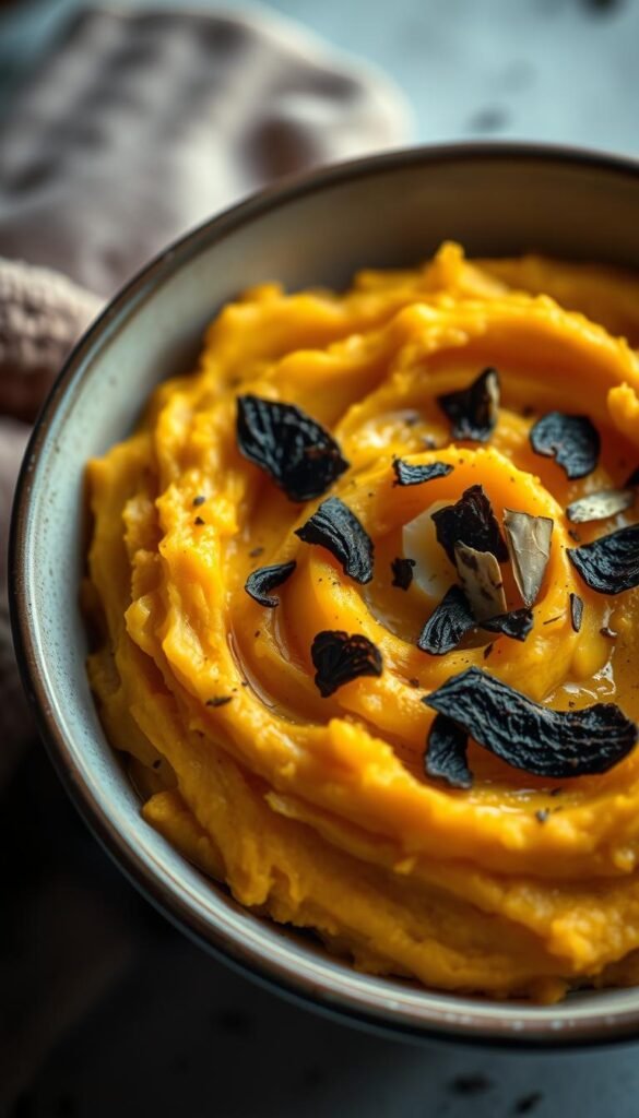A lavish bowl of creamy, golden-hued mashed sweet potatoes, infused with the earthy aroma of freshly shaved black truffles. The potatoes have been lovingly roasted until tender, then mashed with a dollop of rich, creamy butter and a splash of warm milk, creating a silky, indulgent texture. Delicate slices of black truffle crown the surface, their distinctive flavor and fragrance permeating the dish. The lighting is soft and warm, casting a cozy, intimate glow over the scene, inviting you to savor every bite of this luxurious, truffle-infused comfort food.