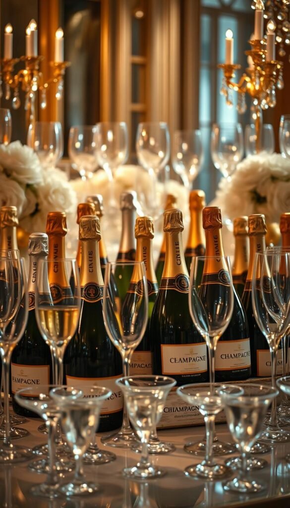 A lavish display of champagne bottles and flutes nestled amidst an arrangement of elegant crystal glassware, all set against a backdrop of opulent gold and silver accents. The scene is bathed in soft, warm lighting, creating a refined and celebratory atmosphere perfect for a grand gathering. The carefully curated selection of champagne varieties, from crisp, dry brut to rich, toasty vintage, invites guests to indulge in a sophisticated tasting experience. The overall composition conveys a sense of sophistication, indulgence, and the festive spirit of a bubbly toast celebration.