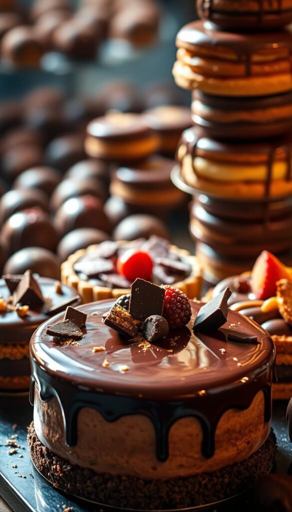 A lavish display of unique chocolate desserts, bathed in warm, soft lighting that accentuates their intricate textures and rich hues. In the foreground, a decadent chocolate mousse cake with a glossy mirror-like glaze, adorned with delicate chocolate shards and a sprinkling of edible gold dust. Next to it, a tempting chocolate tart with a buttery crust and a silky chocolate ganache filling, garnished with fresh berries and a drizzle of caramel. In the middle ground, a tower of chocolate eclairs, their crisp choux pastry shells filled with creamy chocolate custard and topped with a shiny chocolate glaze. In the background, an assortment of chocolate truffles in various shapes and coatings, each a miniature work of art. The overall scene radiates an atmosphere of indulgence, elegance, and the irresistible allure of exceptional chocolate creations.