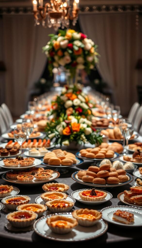 A lavish, elegantly set table adorned with an assortment of gluten-free delicacies, meticulously crafted to delight the senses. In the foreground, artfully arranged plates showcase a variety of savory tarts, fluffy breads, and tempting desserts, all free from gluten. The middle ground features a stunning centerpiece, perhaps a cascading floral arrangement or a striking display of seasonal fruits and vegetables. The background is softly lit, creating a warm and inviting ambiance, with tasteful decor and tableware that complements the overall aesthetic. The entire scene exudes a sense of sophistication and celebration, perfectly capturing the essence of a celiac-friendly wedding reception.