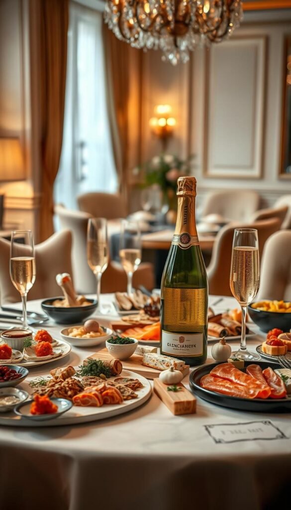 A lavish table setting with a selection of gourmet bites and a bottle of champagne in the foreground. In the middle ground, a diverse array of food items such as oysters, caviar, smoked salmon, and artisanal cheeses, arranged to showcase their complementary flavors with the sparkling wine. The background features a softly lit, elegant dining room setting with plush fabrics, warm lighting, and refined decor, creating a sophisticated and indulgent atmosphere. The overall composition emphasizes the harmony between the champagne and the carefully curated culinary pairings, inviting the viewer to imagine the perfect bubbly celebration.