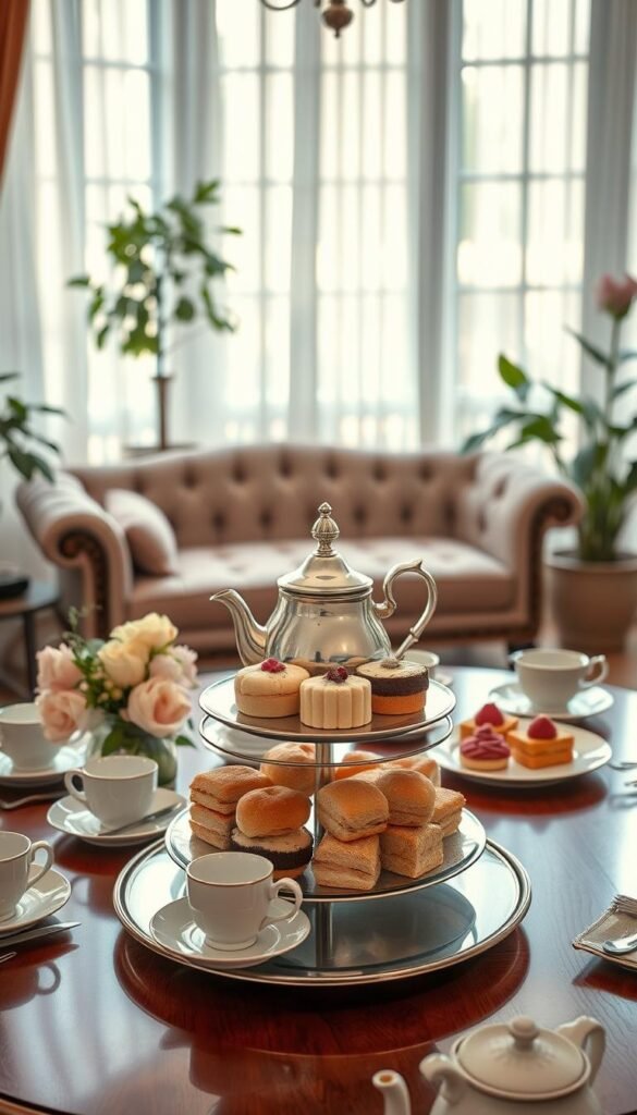 A lavish tea party presentation set on a refined wooden table, adorned with delicate china teacups, saucers, and fragrant florals. Soft, natural lighting filters through gauzy curtains, creating a warm, inviting ambiance. In the foreground, an assortment of elegant finger sandwiches, scones, and petit fours are artfully arranged on a tiered serving platter, beckoning guests to indulge. The middle ground features a gleaming silver teapot and matching creamer and sugar bowl, steam gently rising. In the background, a tufted chaise lounge and potted plants create a cozy, intimate atmosphere, perfect for an afternoon tea affair.