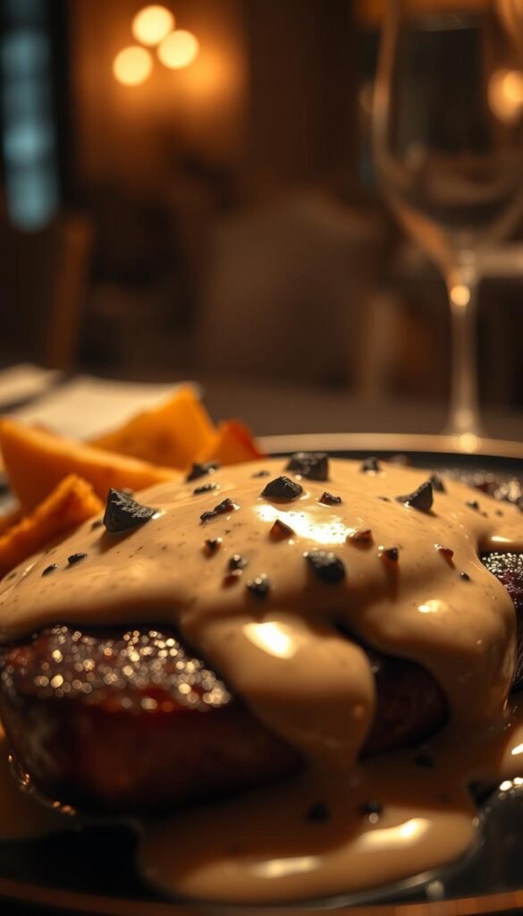 A luscious, creamy sauce with the earthy essence of black truffles, glistening over a juicy, pan-seared steak. Foreground: the sauce, with its silky, velvety texture, punctuated by flecks of fragrant truffle. Middle ground: the steak, with a delectable sear and a tender, pink center. Background: a dimly lit, sophisticated dining setting, hinting at the luxurious affair. Soft, warm lighting casts a golden glow, creating an intimate, indulgent atmosphere. Captured with a shallow depth of field, drawing the eye to the star of the dish - the decadent, truffle-infused sauce.
