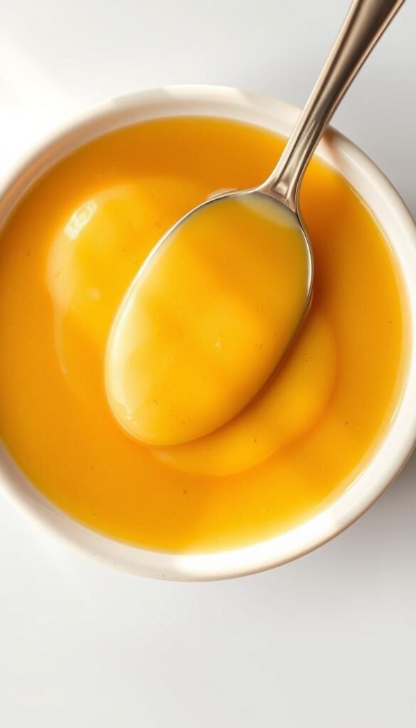 A luscious, golden honey butter sauce glistening in a shallow dish, its rich, creamy texture inviting the viewer to take a spoon and dip into its decadent depths. Rays of warm, soft lighting bathe the sauce, highlighting its smooth, velvety sheen and the subtle specks of vanilla bean and fragrant hints of honey. The sauce is centered in the frame, drawing the eye with its alluring, mouthwatering appearance, set against a backdrop of a minimalist, clean white surface, allowing the sauce to be the sole focus of attention.