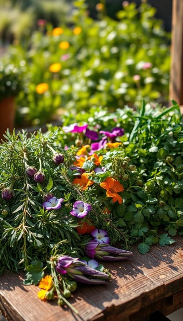 A lush arrangement of freshly harvested herbs cascading across a rustic wooden table, bathed in soft, natural lighting. In the foreground, vibrant bunches of fragrant rosemary, thyme, and oregano mingle with delicate sprigs of chives and flat-leaf parsley. The middle ground features a scattering of vibrant edible flowers, adding pops of color and texture. In the background, a glimpse of a flourishing garden, hinting at the origins of these bountiful ingredients. The scene evokes the essence of a bountiful, organic garden wedding, where the flavors of nature are celebrated and elevated.