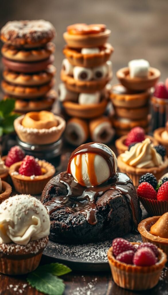 A lush, artfully arranged tableau of reimagined comfort food desserts. In the foreground, a decadent chocolate lava cake oozes with a molten center, topped with a scoop of salted caramel ice cream and a drizzle of rich chocolate sauce. Surrounding it, a selection of playful, elevated twists on classic treats - a tower of bite-sized apple pie bites with flaky crusts and a dusting of cinnamon sugar, mini s'mores tarts with toasted marshmallow peaks, and a veritable garden of delicate fruit tartlets bursting with seasonal berries. Soft, warm lighting bathes the scene, creating an inviting, indulgent atmosphere. The composition is balanced and visually striking, enticing the viewer to dive into this modern comfort food wonderland. A lush, artfully arranged tableau of reimagined comfort food desserts. In the foreground, a decadent chocolate lava cake oozes with a molten center, topped with a scoop of salted caramel ice cream and a drizzle of rich chocolate sauce. Surrounding it, a selection of playful, elevated twists on classic treats - a tower of bite-sized apple pie bites with flaky crusts and a dusting of cinnamon sugar, mini s'mores tarts with toasted marshmallow peaks, and a veritable garden of delicate fruit tartlets bursting with seasonal berries. Soft, warm lighting bathes the scene, creating an inviting, indulgent atmosphere. The composition is balanced and visually striking, enticing the viewer to dive into this modern comfort food wonderland.