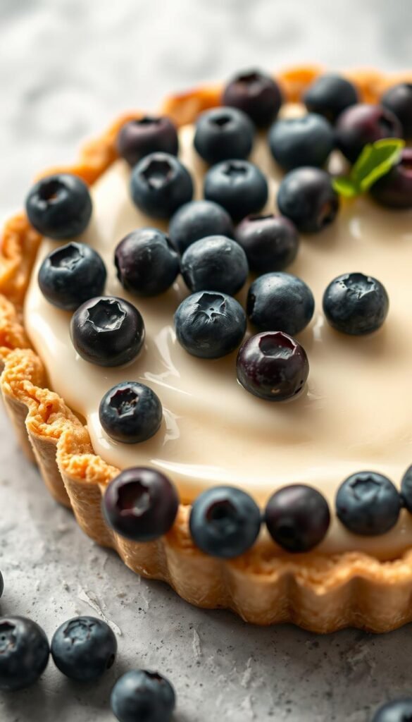 A lush, golden-crusted tart showcasing a harmonious blend of fresh blueberries and creamy, coconut-infused custard. The tart is set against a backdrop of soft, diffused lighting, capturing the tart's delicate texture and vibrant hues. Carefully arranged blueberries adorn the surface, their deep indigo tones contrasting beautifully with the pale, velvety coconut cream. The crust has a perfectly flaky, buttery appearance, inviting the viewer to imagine the satisfying bite and flavors. The overall composition creates a sense of indulgence and a mouthwatering appeal, capturing the essence of a decadent, dairy-free dessert.