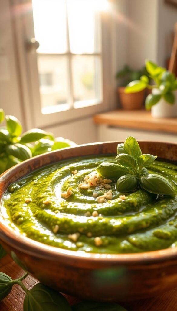 A lush, homemade basil pesto sauce, freshly prepared in a bright, airy kitchen. The vibrant green pesto is artfully swirled in a rustic ceramic bowl, the aromatic basil leaves glistening with olive oil. Crushed pine nuts and grated Parmesan cheese add rich texture. Warm, golden sunlight streams in through a nearby window, casting a soft, inviting glow over the scene. The pesto is ready to be tossed with freshly cooked pasta, a classic Italian delicacy bursting with garden-fresh flavor.