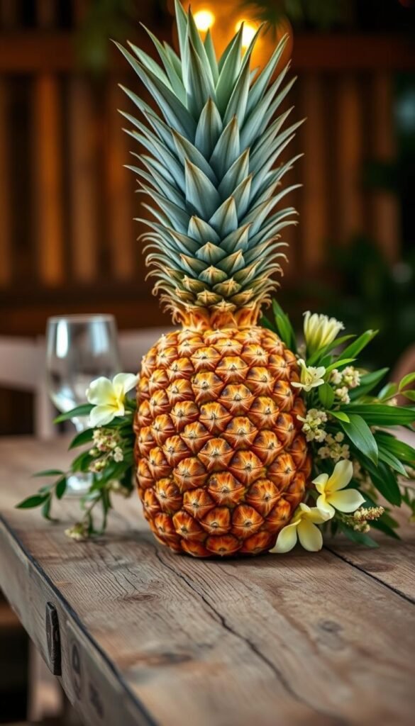 A lush pineapple centerpiece adorns a rustic wooden table, its vibrant golden hues and spiky leaves creating a tropical oasis. Lush greenery surrounds the pineapple, with delicate flowers and leaves cascading down the sides. Warm, diffused lighting casts a soft glow, highlighting the textural details of the pineapple and the natural wood grain. The overall composition evokes a sense of relaxed elegance, perfectly capturing the essence of a destination wedding in a tropical paradise.