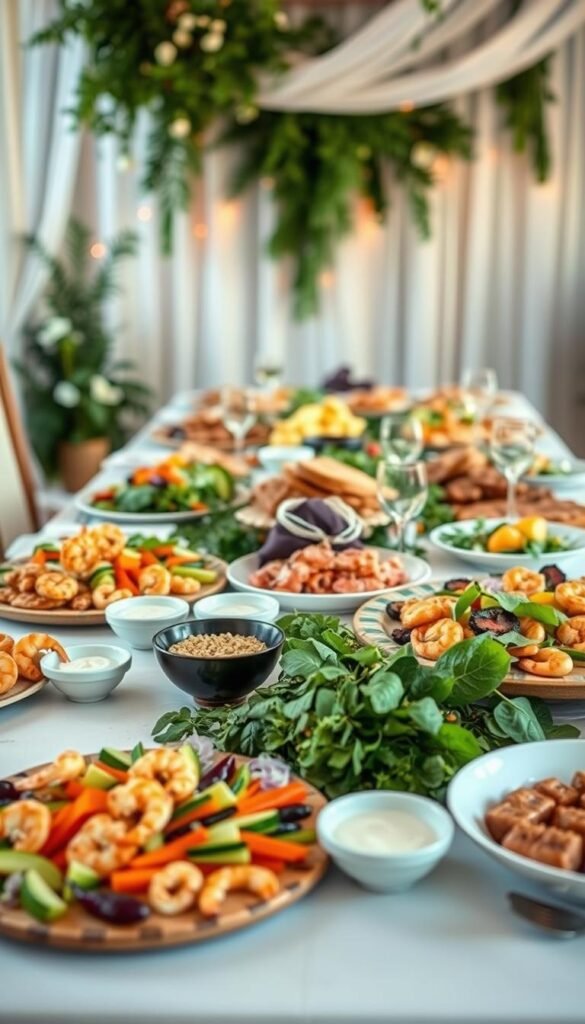 A lush, rustic-chic wedding table set with an array of low-carb menu items. In the foreground, delicate crudités platters with colorful vegetables, creamy dips, and grilled shrimp. In the middle, a bountiful spread of hearty salads, roasted meats, and low-carb baked goods. The background features a backdrop of draped greenery, soft lighting, and elegant tableware, creating a refined, health-conscious ambiance. The overall scene evokes a sense of balance, nourishment, and thoughtful culinary curation for a memorable low-carb wedding celebration.